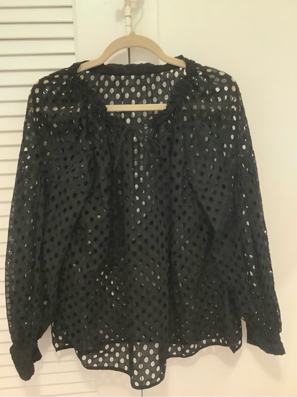 Black Eyelet Tie-Neck Peasant Blouse